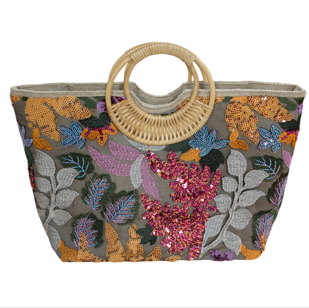 Embroidered Floral Sequin Tote Bag with Rattan Handles - Gray/Multi
